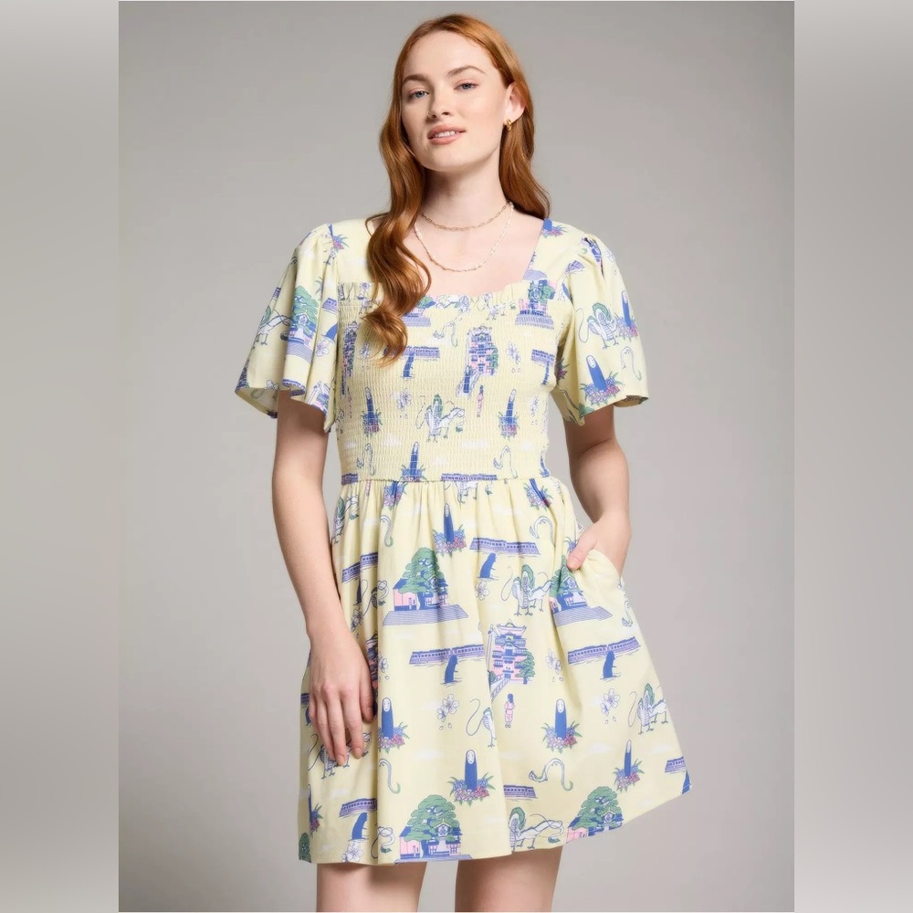 Square-Neck Flutter Sleeve Mini Dress in Pale Yellow